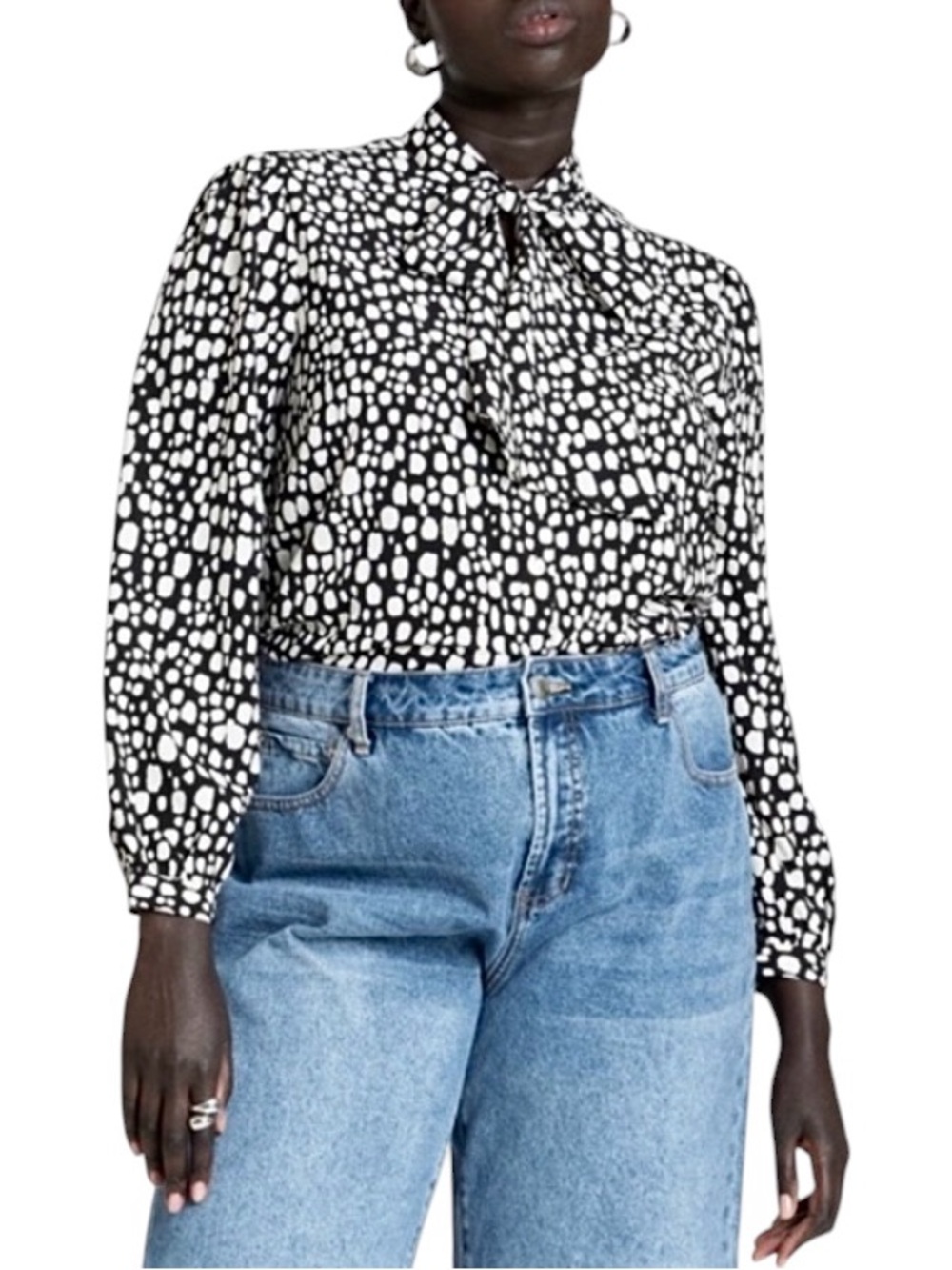 Eloquii Long Sleeve Button Down Shirt Bow Tie Neck Black White Print 24 3X
